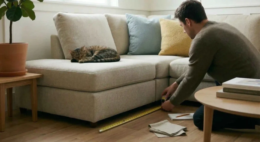 Person measuring a living room floor before placing furniture.