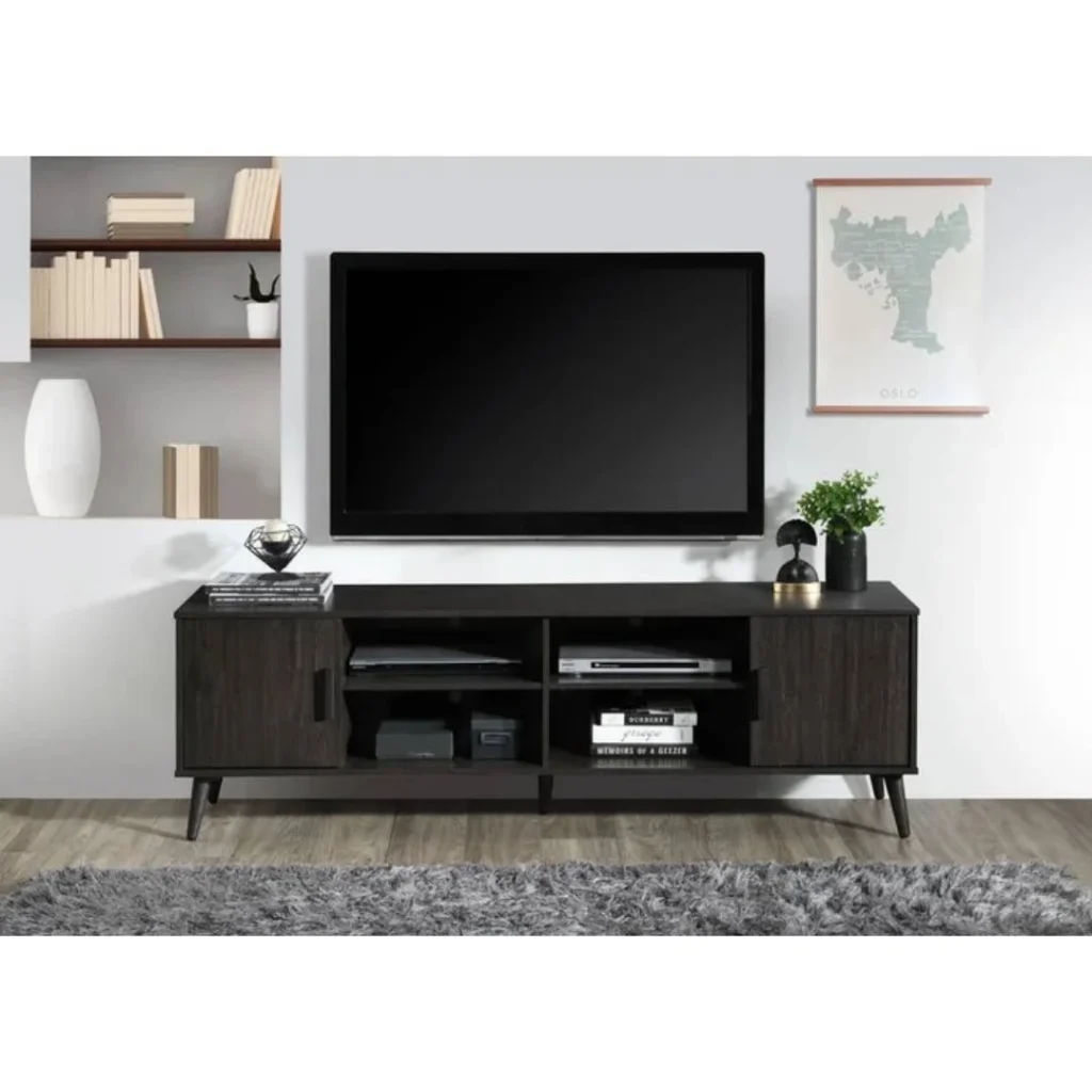 Length Faux Wood TV Stand with 2×2-Tier Shelves and 2 Cabinets.