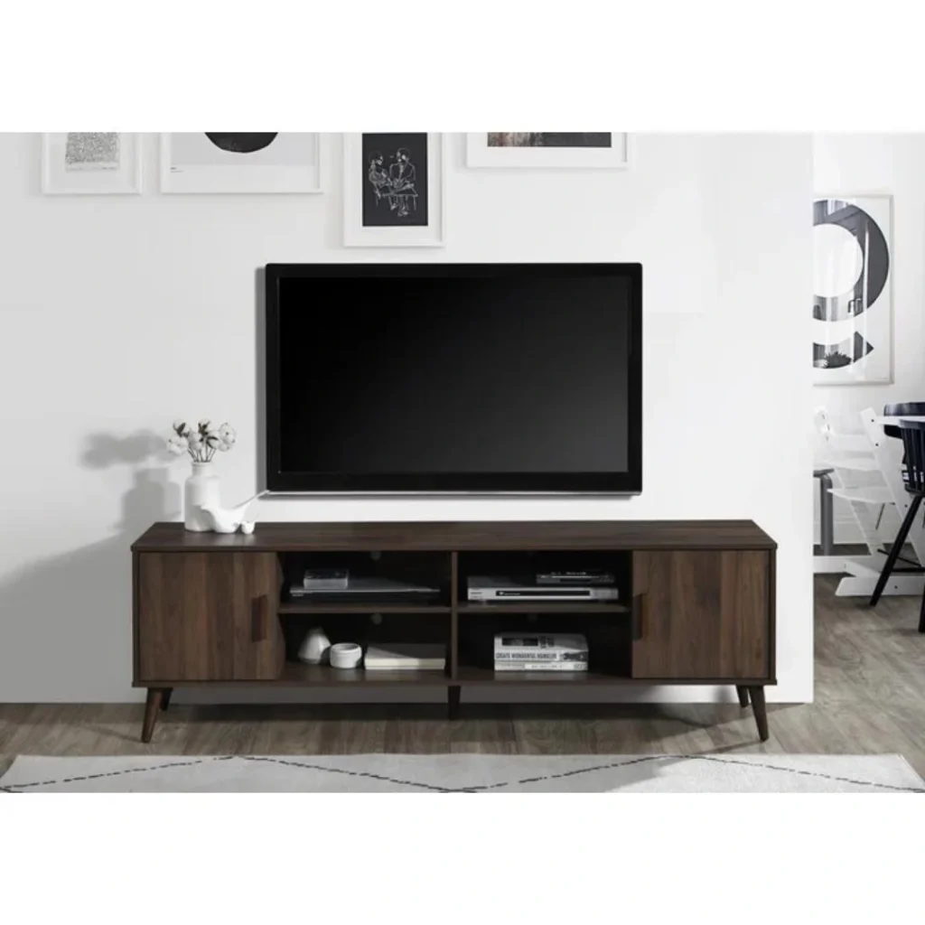 Length Faux Wood TV Stand with 2×2-Tier Shelves and 2 Cabinets.