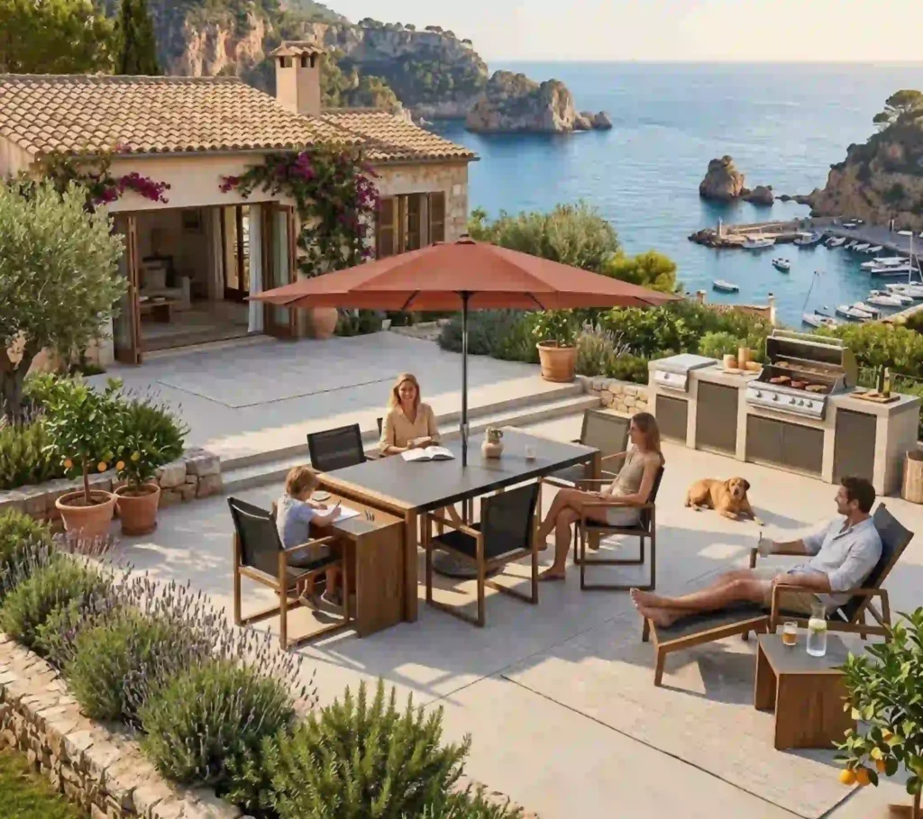 Complete outdoor living area furnished with durable patio furniture