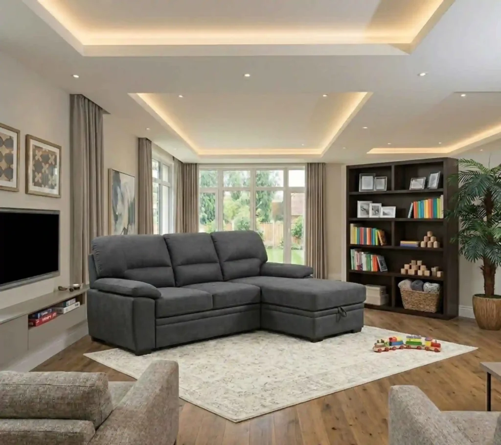 Completed living room with stylish sectional for family use