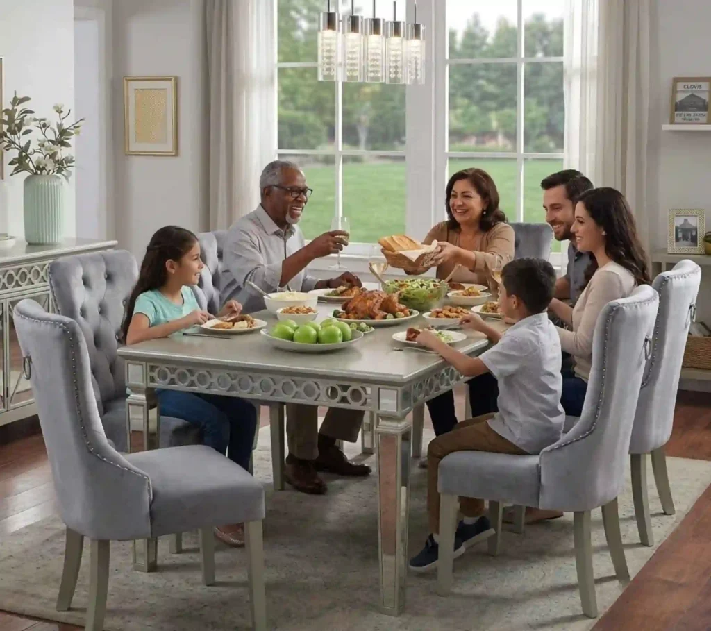 Family dinner gathering around stylish dining furniture in Clovis home