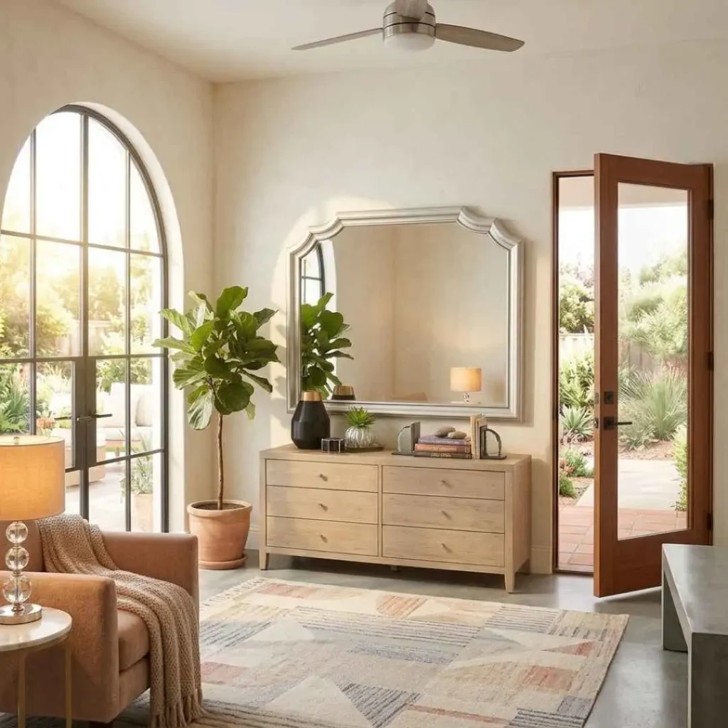Modern entryway mirror creating an open feel