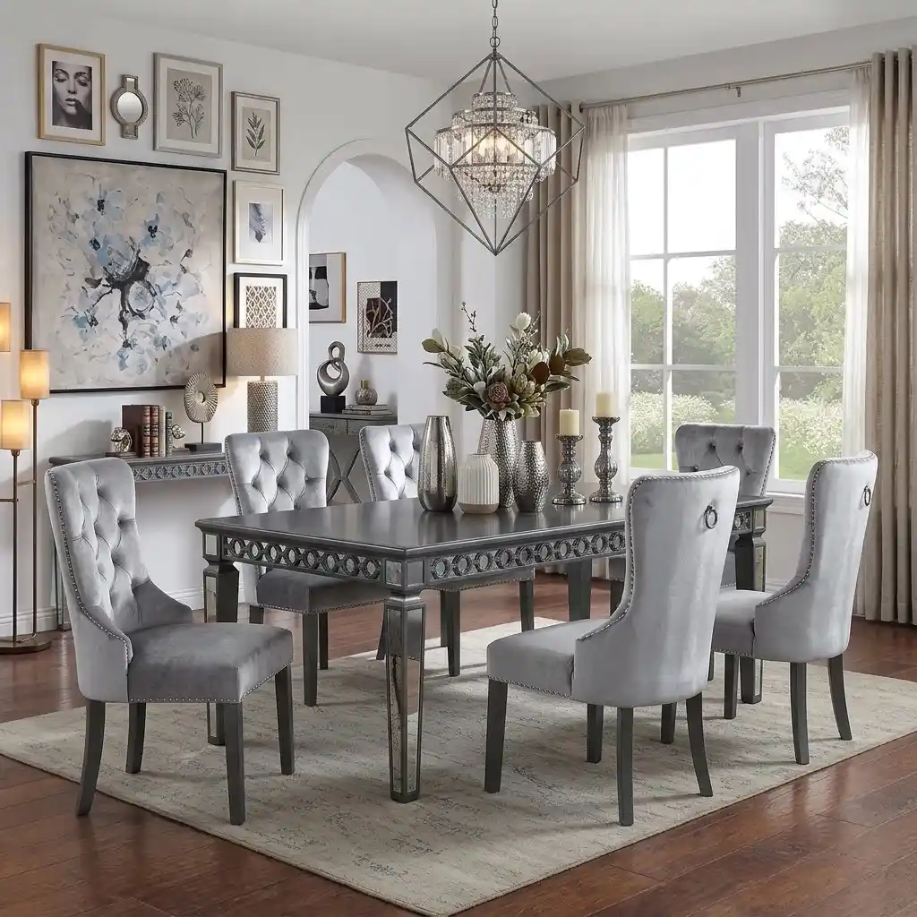 Adia 7 Pc Dining Table Set with dark gray finish in a Clovis dining room