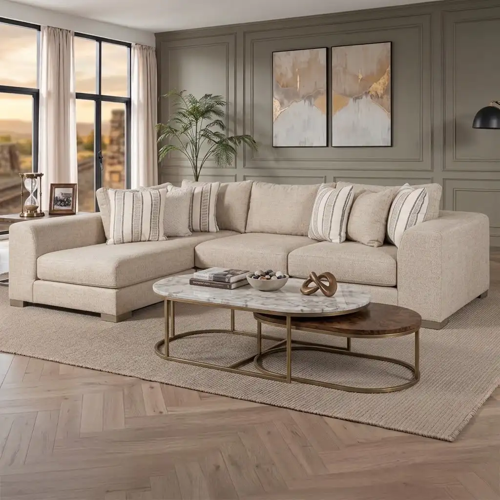 Stylish neutral sectional couch anchoring a timeless Clovis living room